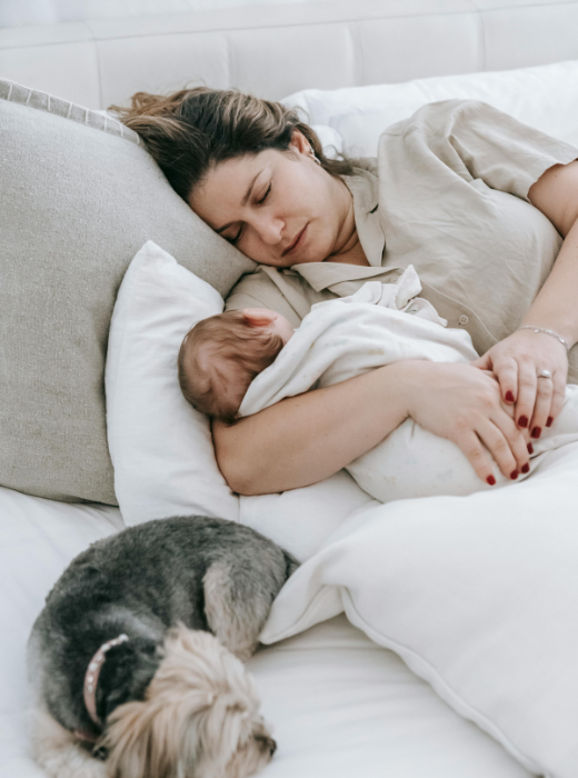 Exhausted postpartum mom feeling fatigued despite healthy eating